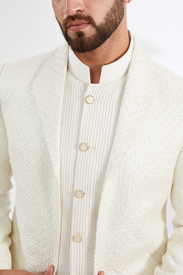 Ivory Jacquard & Matka Silk Wedding Indowestern Set by AMIT ARORA at Pernia's Pop Up Shop