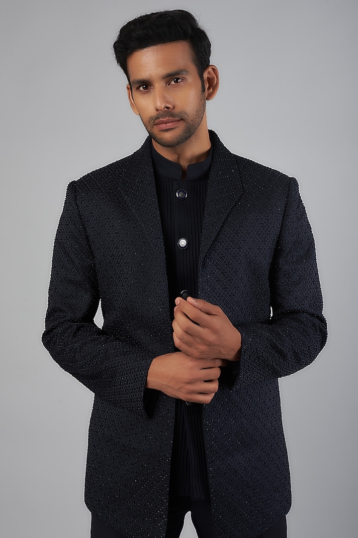 Navy Blue Viscose Jacquard Hand Embroidered Wedding Indowestern Set by AMIT ARORA at Pernia's Pop Up Shop