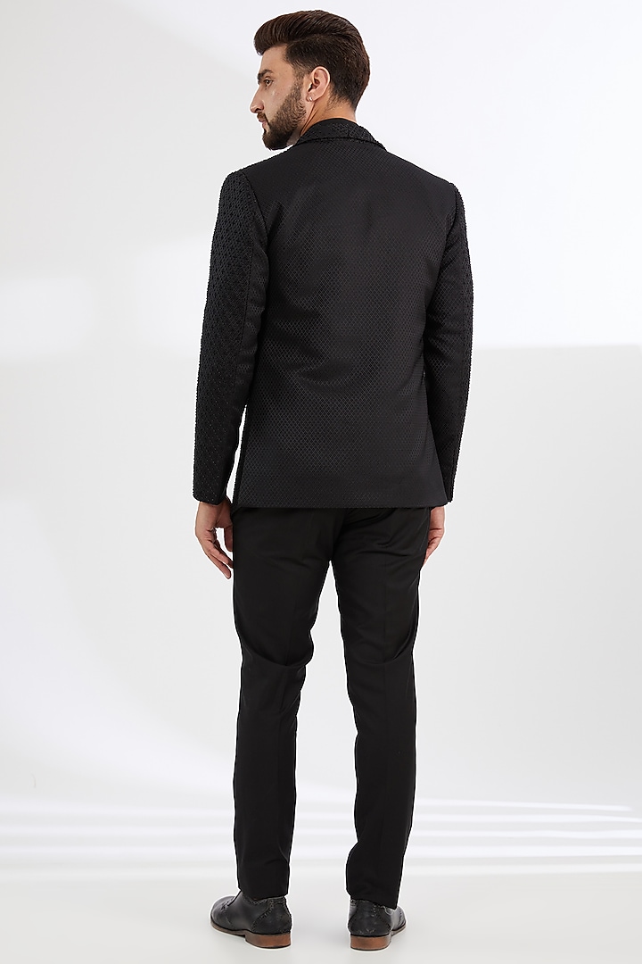 Black Viscose Jacquard Hand Embroidered Wedding Indowestern Set by AMIT ARORA at Pernia's Pop Up Shop