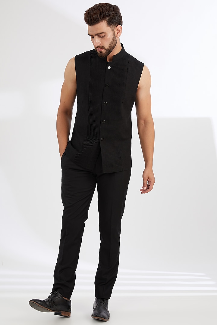 Black Viscose Jacquard Hand Embroidered Wedding Indowestern Set by AMIT ARORA at Pernia's Pop Up Shop