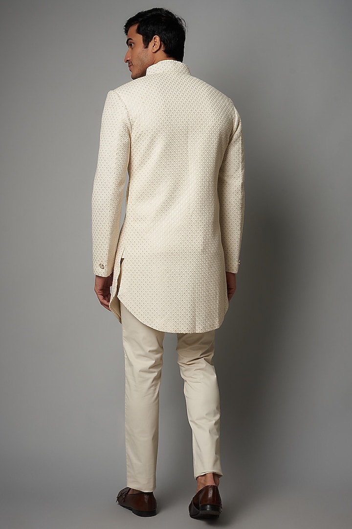 Cream Viscose Jacquard Wedding Indowestern Set by AMIT ARORA at Pernia's Pop Up Shop