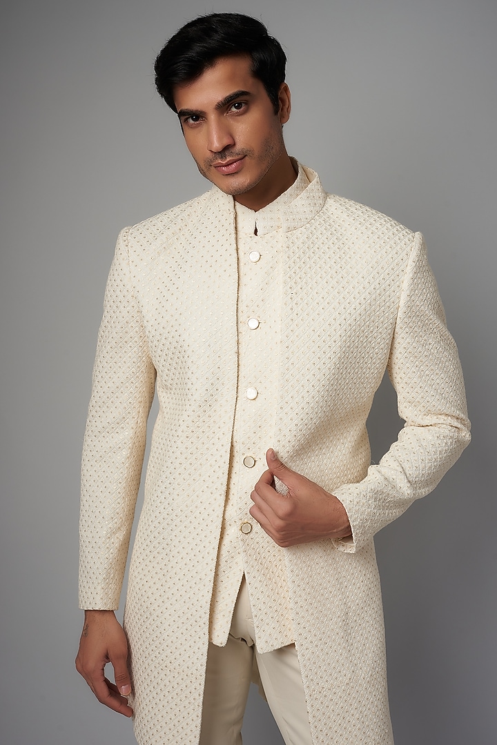 Cream Viscose Jacquard Wedding Indowestern Set by AMIT ARORA at Pernia's Pop Up Shop