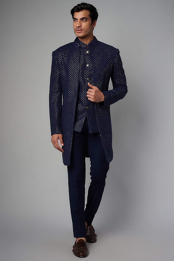 Navy Blue Viscose Jacquard Indowestern Set by AMIT ARORA