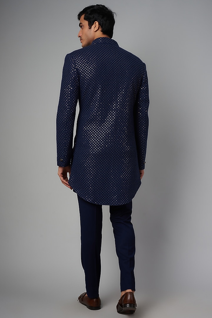 Navy Blue Viscose Jacquard Wedding Indowestern Set by AMIT ARORA at Pernia's Pop Up Shop