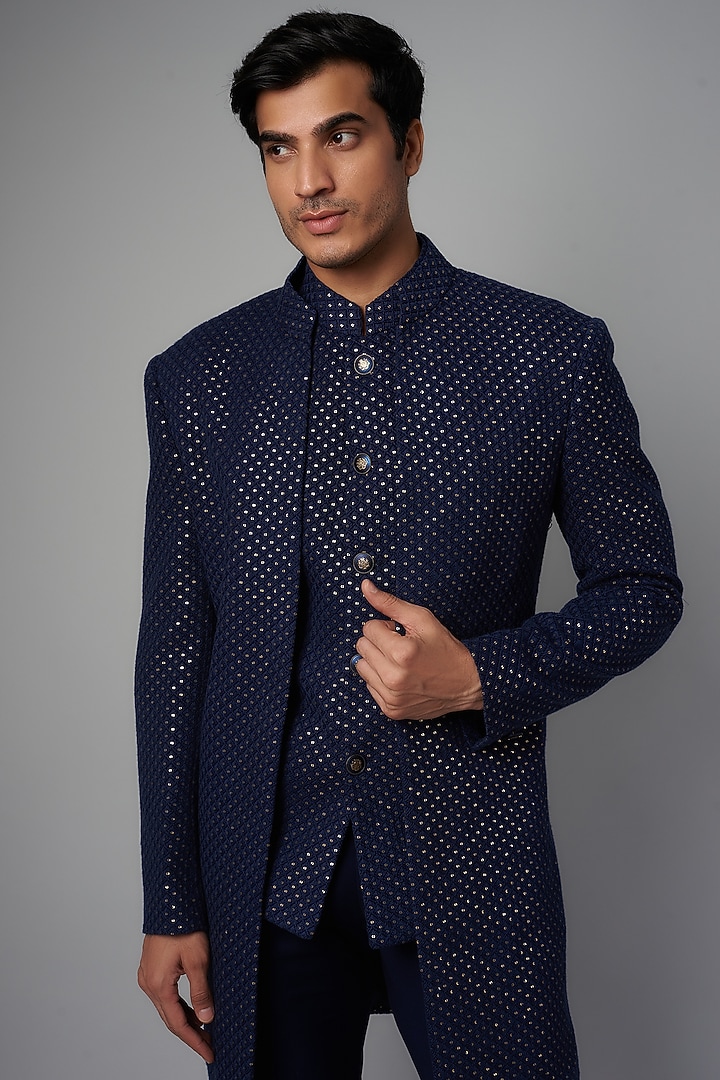 Navy Blue Viscose Jacquard Wedding Indowestern Set by AMIT ARORA at Pernia's Pop Up Shop