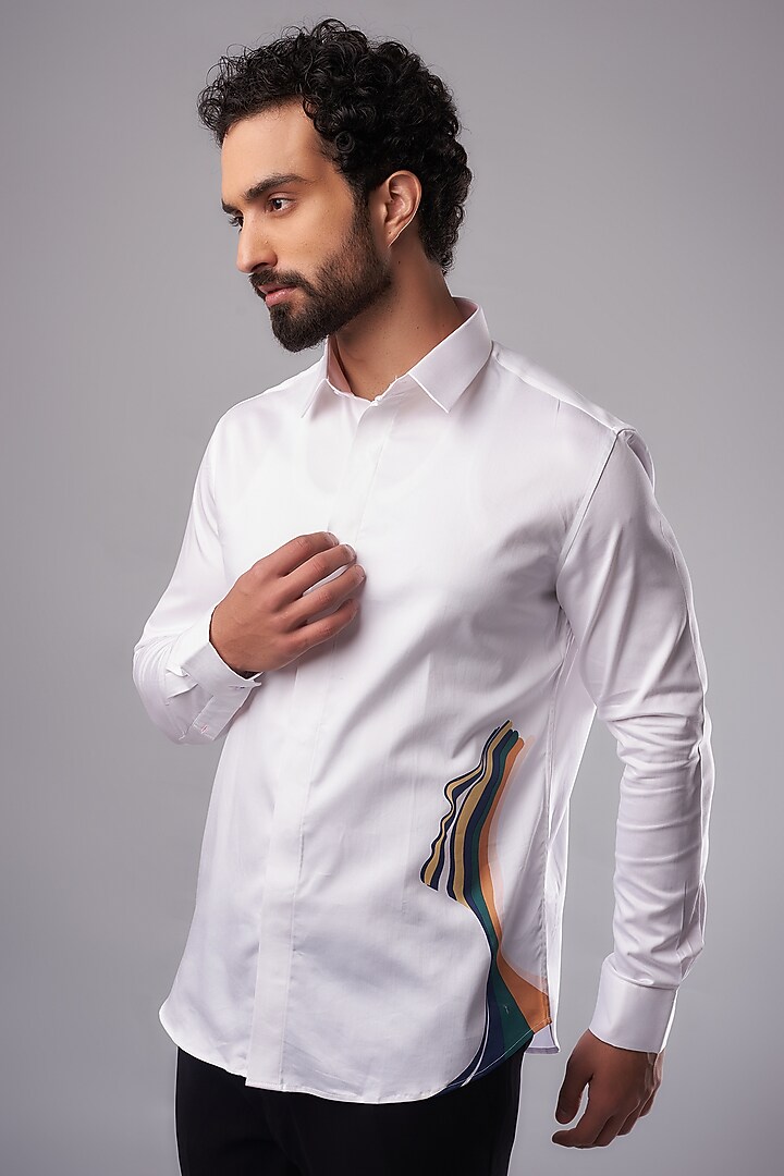 White Cotton Lycra Digital Printed Party Wear Shirt by AMIT ARORA at Pernia's Pop Up Shop
