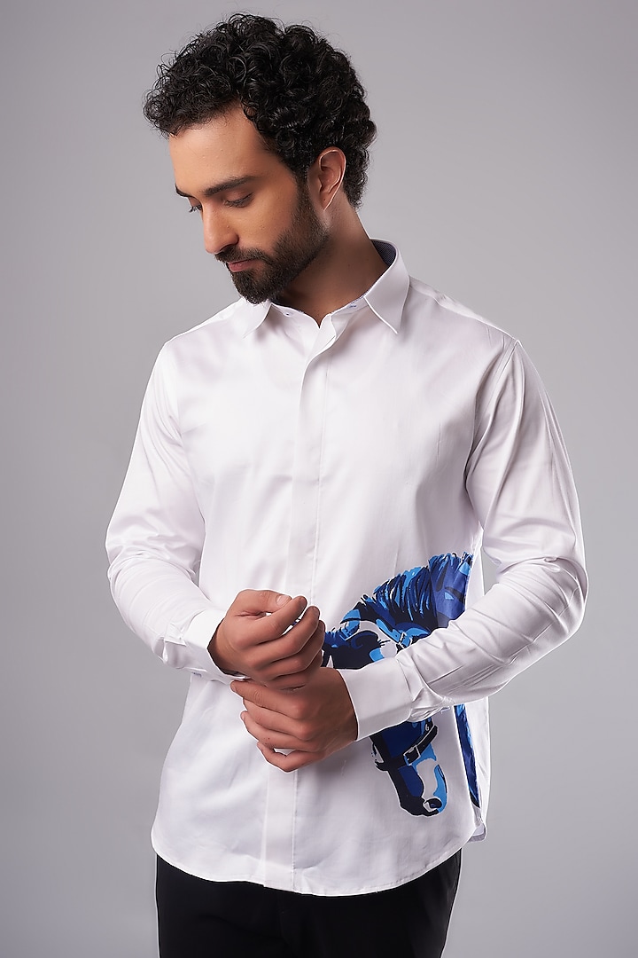 White Cotton Lycra Digital Printed Shirt by AMIT ARORA
