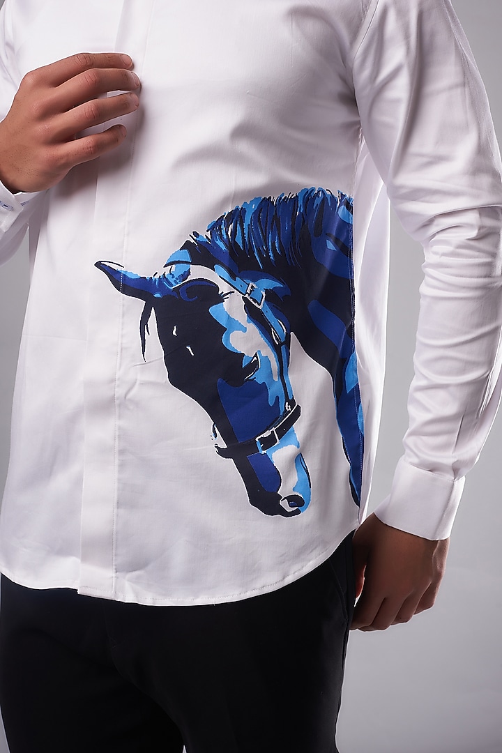 White Cotton Lycra Digital Printed Party Wear Shirt by AMIT ARORA at Pernia's Pop Up Shop