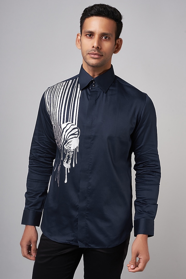 Navy Blue Cotton Lycra Digital Printed Party Wear Shirt by AMIT ARORA at Pernia's Pop Up Shop