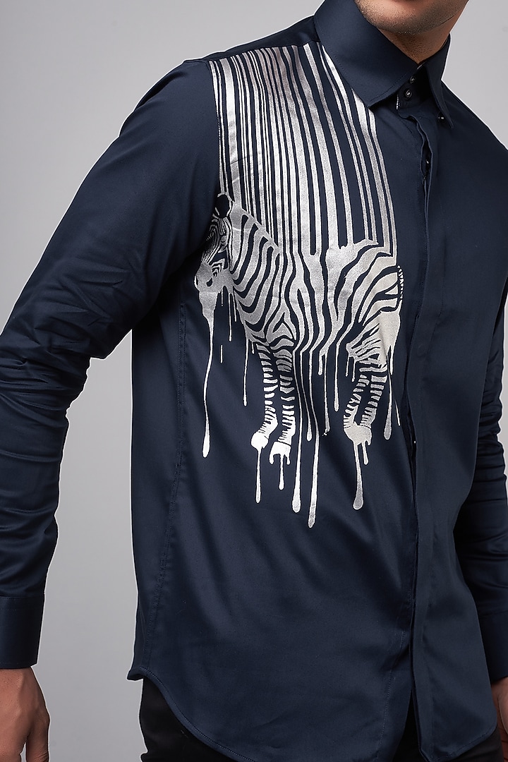 Navy Blue Cotton Lycra Digital Printed Party Wear Shirt by AMIT ARORA at Pernia's Pop Up Shop