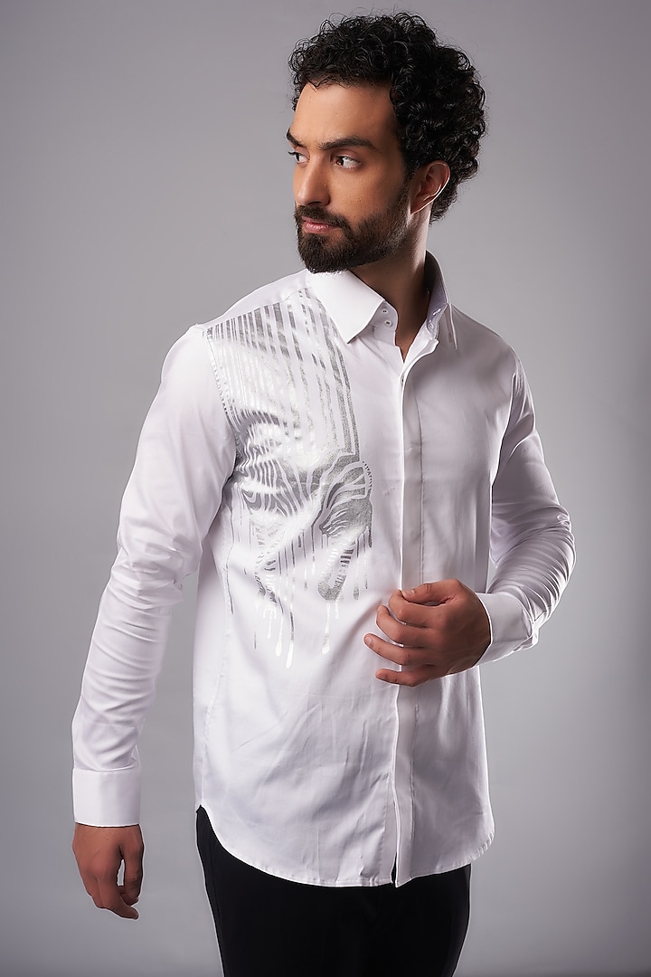 White Cotton Lycra Digital Printed Shirt by AMIT ARORA