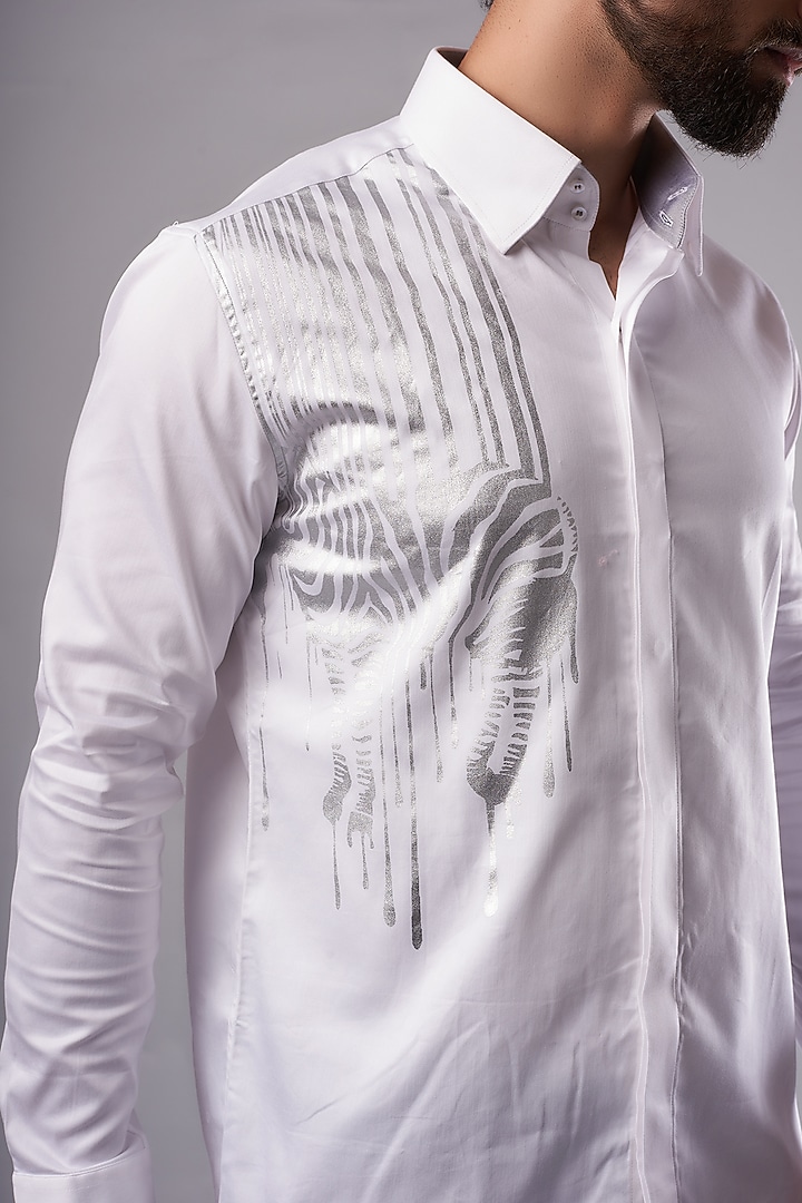 White Cotton Lycra Digital Printed Party Wear Shirt by AMIT ARORA at Pernia's Pop Up Shop