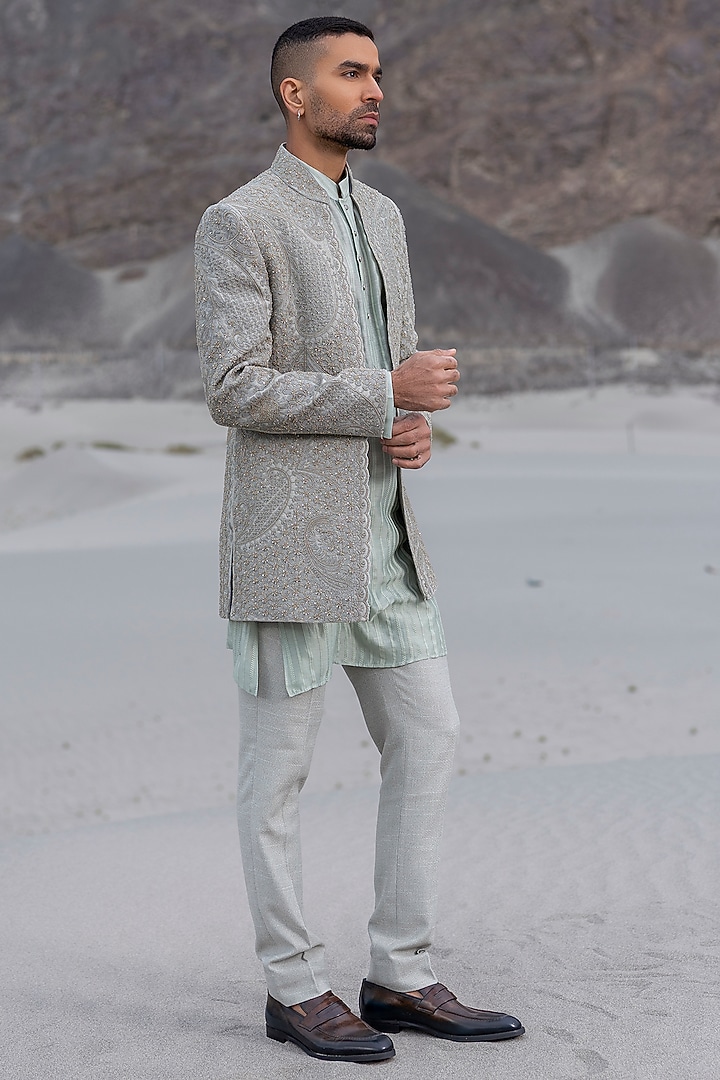 Mint Green Textured Poly Knit Embroidered Groom Indowestern Set by AMIT ARORA at Pernia's Pop Up Shop
