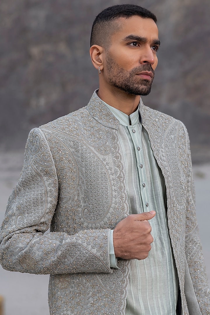 Mint Green Textured Poly Knit Embroidered Groom Indowestern Set by AMIT ARORA at Pernia's Pop Up Shop