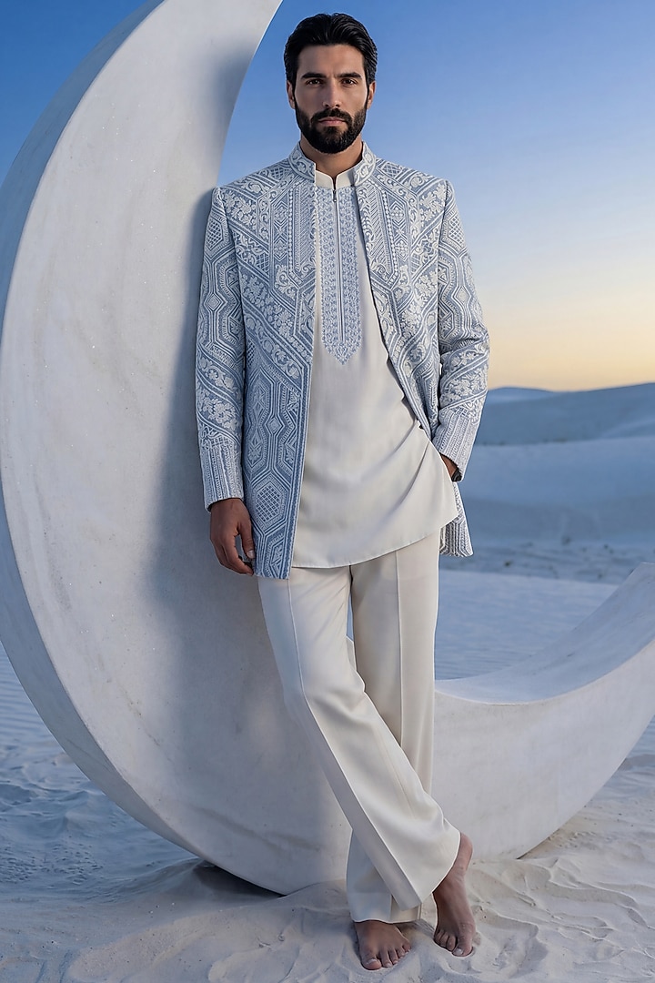 Sky Blue Rayon Embroidered Textured Wedding Indowestern Set by AMIT ARORA at Pernia's Pop Up Shop