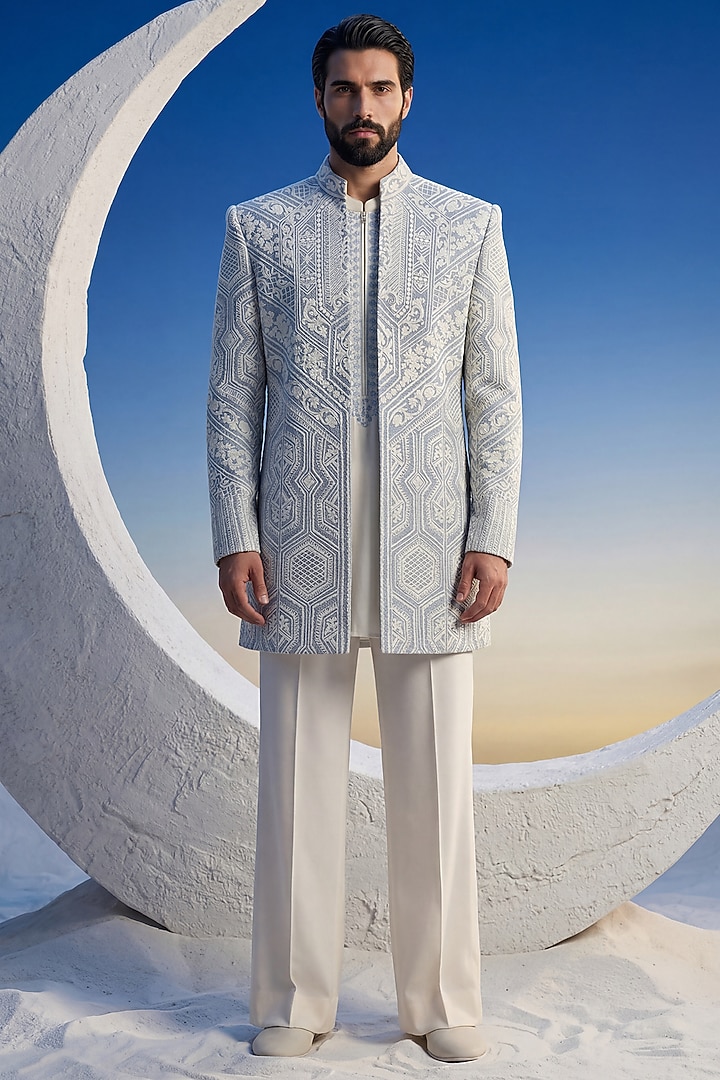 Sky Blue Rayon Embroidered Textured Wedding Indowestern Set by AMIT ARORA at Pernia's Pop Up Shop