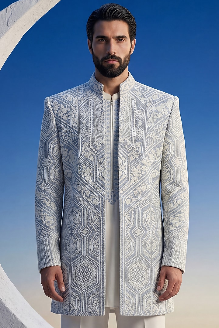 Sky Blue Rayon Embroidered Textured Wedding Indowestern Set by AMIT ARORA at Pernia's Pop Up Shop