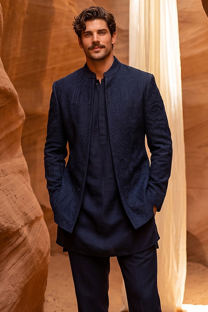 Navy Blue Matka Silk Embroidered Wedding Indowestern Set by AMIT ARORA at Pernia's Pop Up Shop