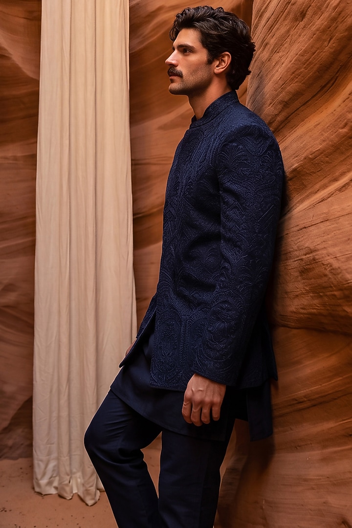 Navy Blue Matka Silk Embroidered Wedding Indowestern Set by AMIT ARORA at Pernia's Pop Up Shop