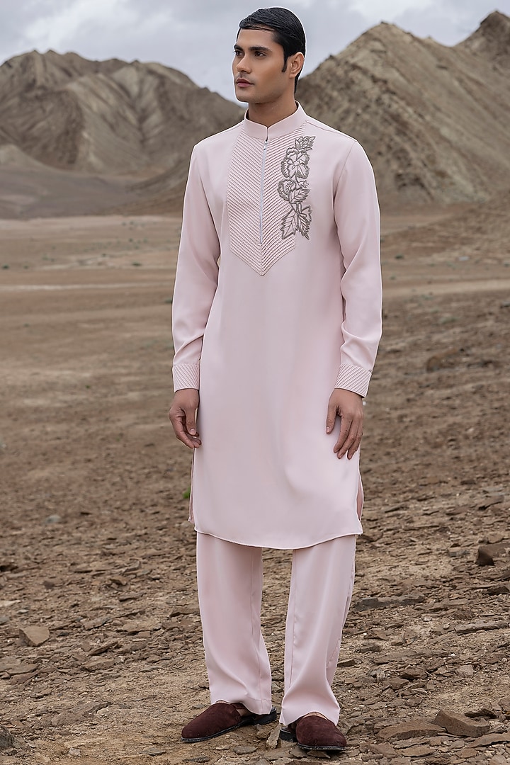 Pink Knit Embellished Kurta Set by AMIT ARORA