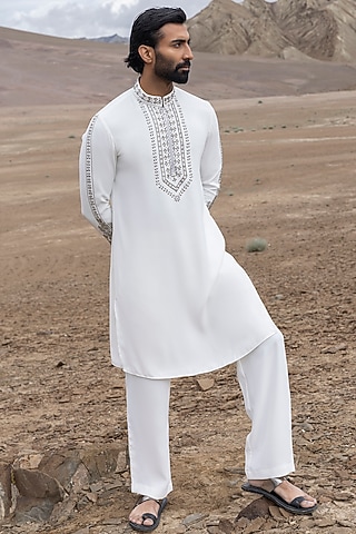 White Knit Hand Embroidered Kurta Set by AMIT ARORA