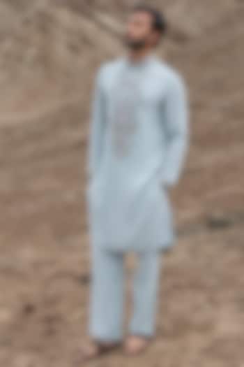 Teal Knit Embellished Kurta Set by AMIT ARORA at Pernia's Pop Up Shop