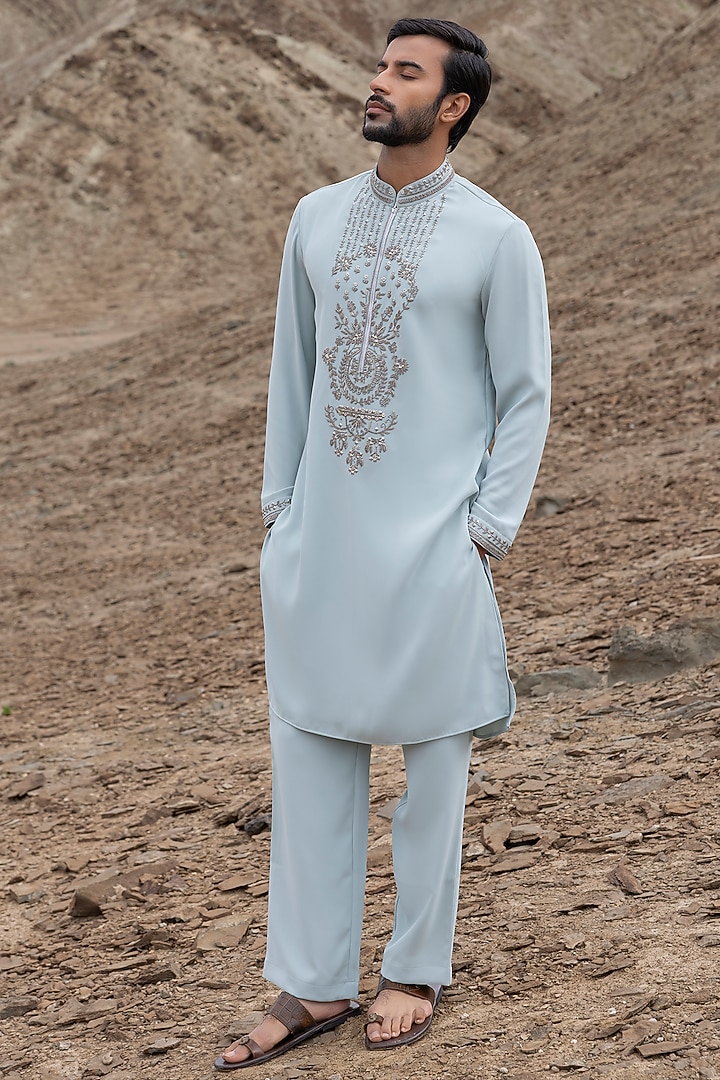 Teal Knit Embellished Kurta Set by AMIT ARORA at Pernia's Pop Up Shop