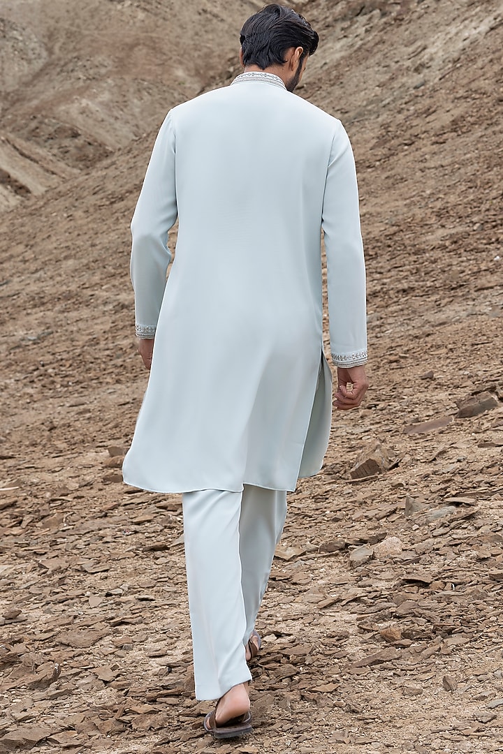 Teal Knit Embellished Kurta Set by AMIT ARORA at Pernia's Pop Up Shop