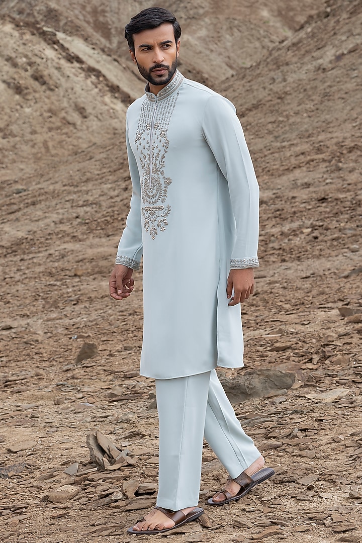 Teal Knit Embellished Kurta Set by AMIT ARORA at Pernia's Pop Up Shop