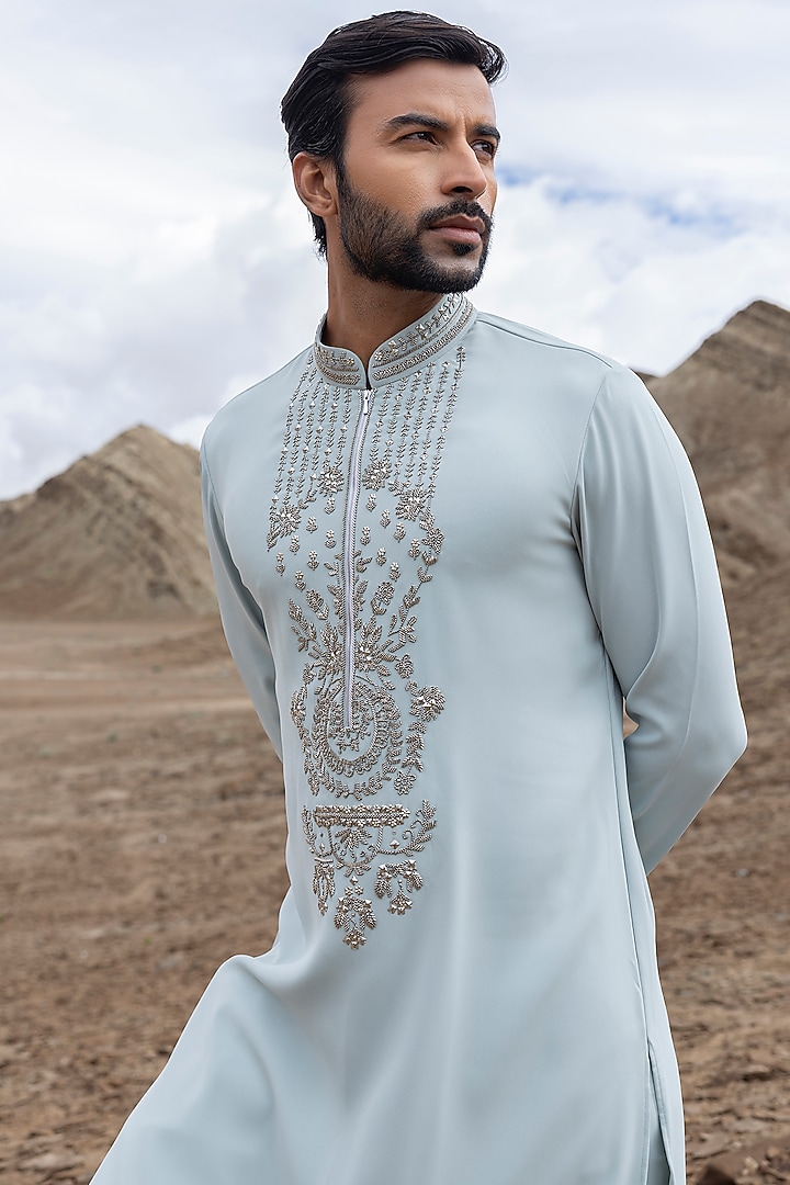 Teal Knit Embellished Kurta Set by AMIT ARORA at Pernia's Pop Up Shop