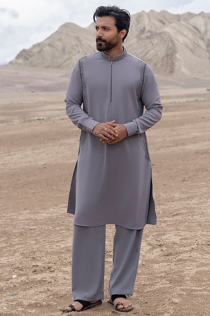 Grey Knit Kurta Set by AMIT ARORA