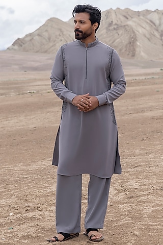 Grey Knit Kurta Set by AMIT ARORA