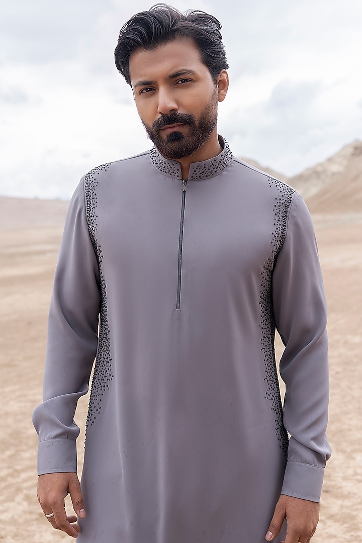Grey Knit Kurta Set by AMIT ARORA at Pernia's Pop Up Shop