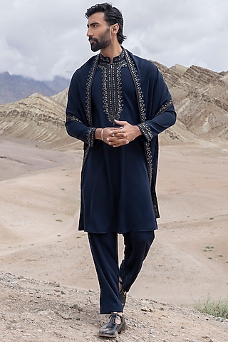 Navy Blue Knit Embellished Kurta Set by AMIT ARORA