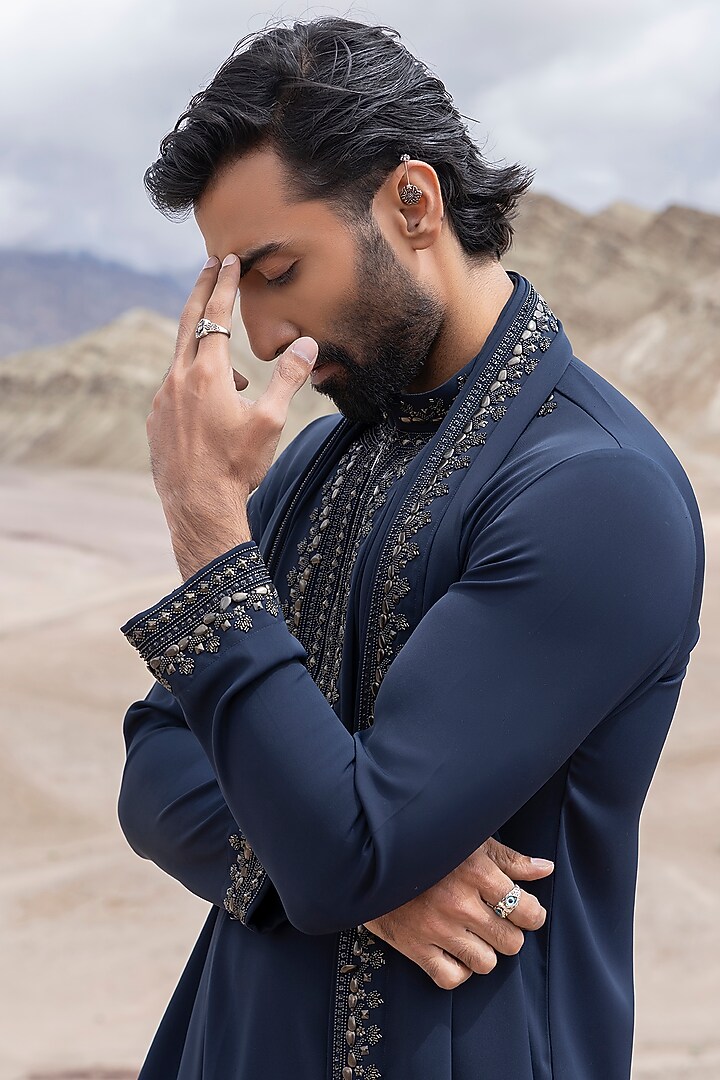Navy Blue Knit Embellished Kurta Set by AMIT ARORA at Pernia's Pop Up Shop