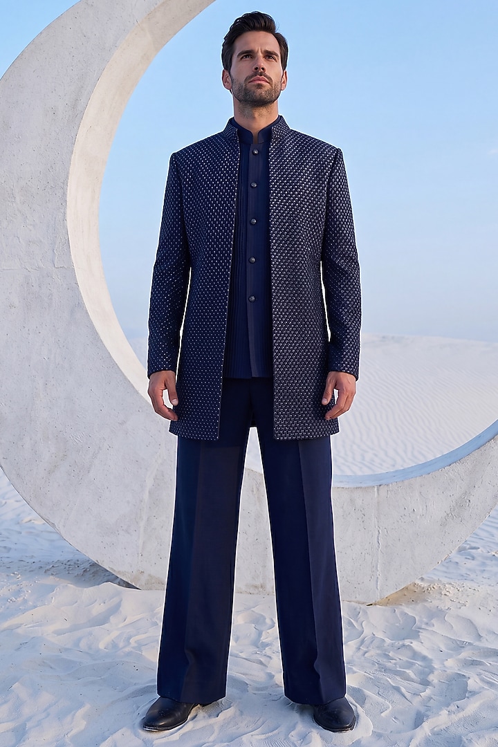 Navy Blue Crepe Monotone Embroidered Wedding Indowestern Set by AMIT ARORA at Pernia's Pop Up Shop