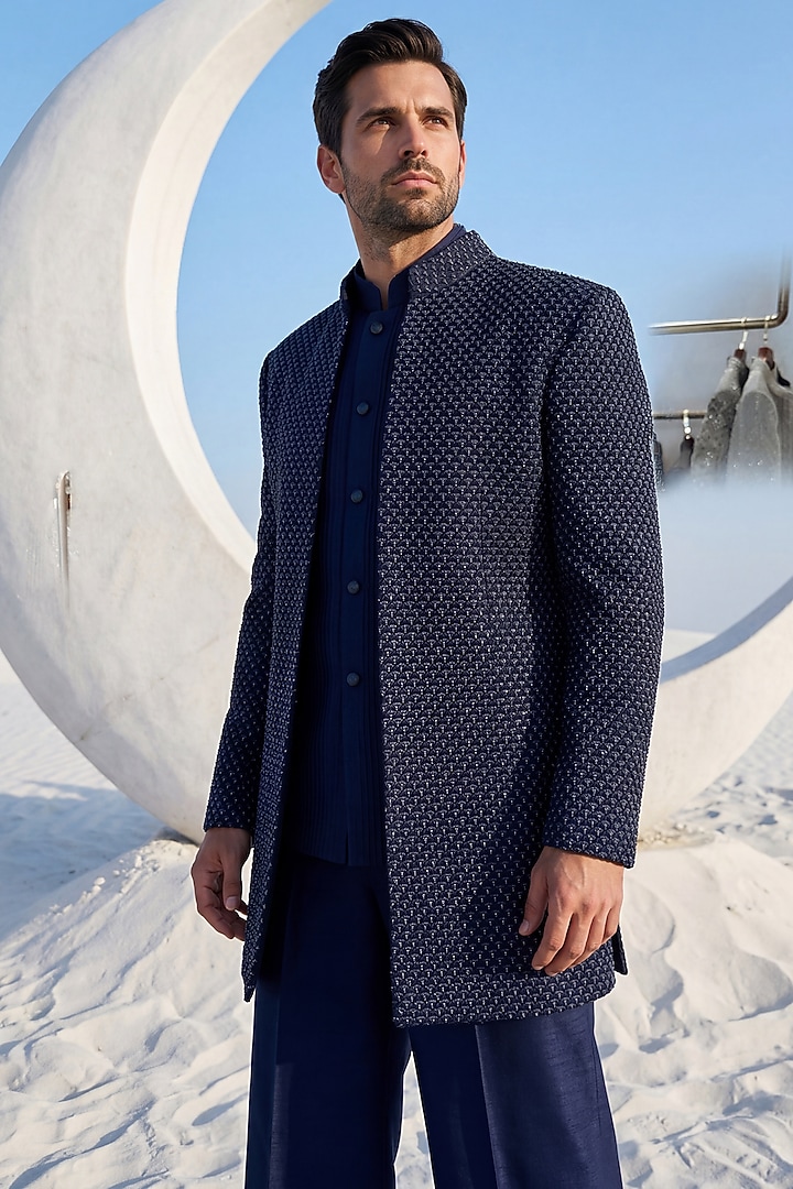 Navy Blue Crepe Monotone Embroidered Wedding Indowestern Set by AMIT ARORA at Pernia's Pop Up Shop