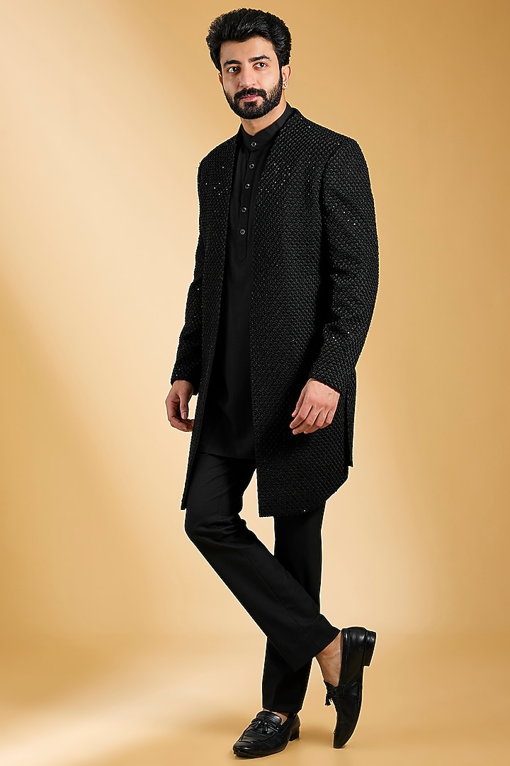 Black Crochet Hand Embroidered Indowestern Set by AMIT ARORA