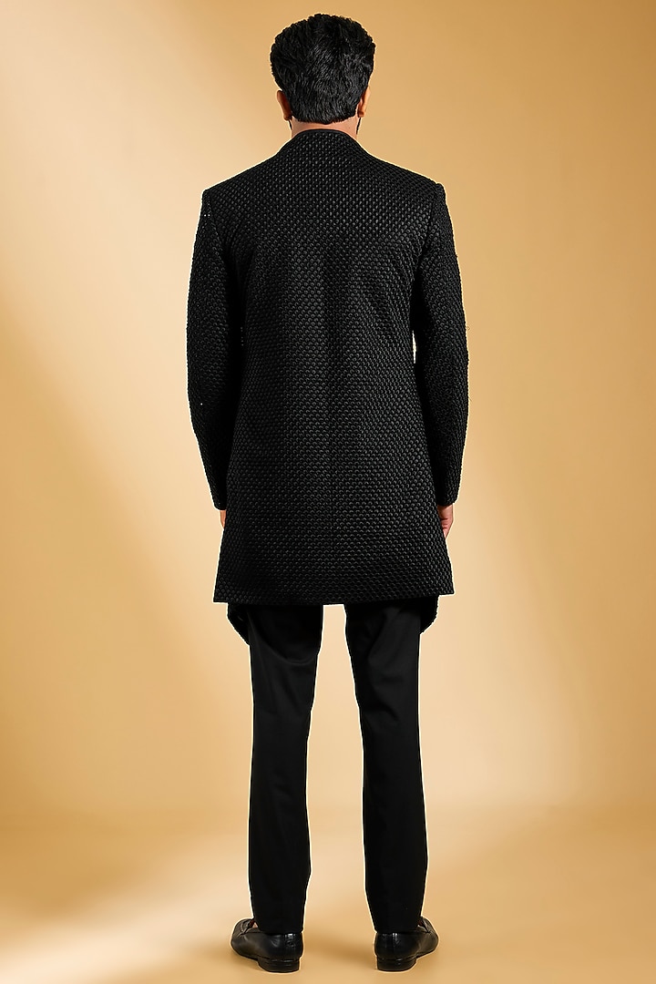 Black Crochet Hand Embroidered Wedding Indowestern Set by AMIT ARORA at Pernia's Pop Up Shop