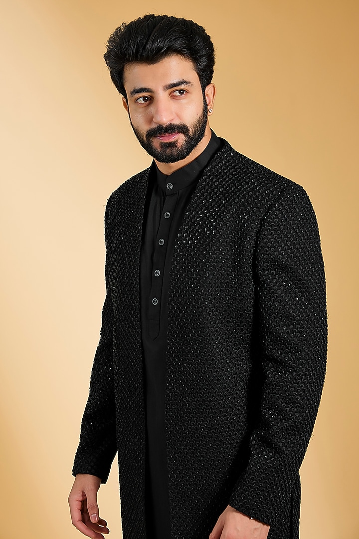 Black Crochet Hand Embroidered Wedding Indowestern Set by AMIT ARORA at Pernia's Pop Up Shop