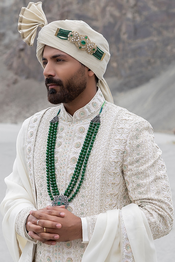 Off-White Raw Silk Hand Embroidered Groom Sherwani Set by AMIT ARORA at Pernia's Pop Up Shop