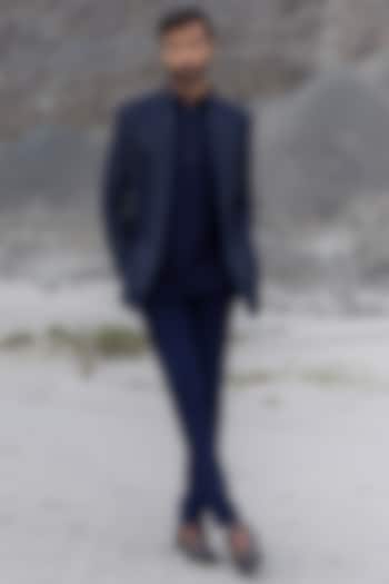 Midnight Blue Poly Knit Embroidered Front-Open Wedding Indowestern Set by AMIT ARORA at Pernia's Pop Up Shop