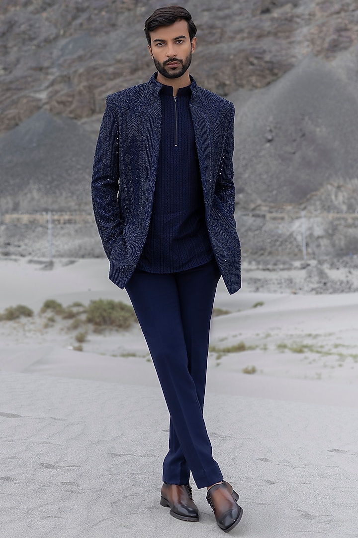 Midnight Blue Poly Knit Embroidered Front-Open Wedding Indowestern Set by AMIT ARORA at Pernia's Pop Up Shop