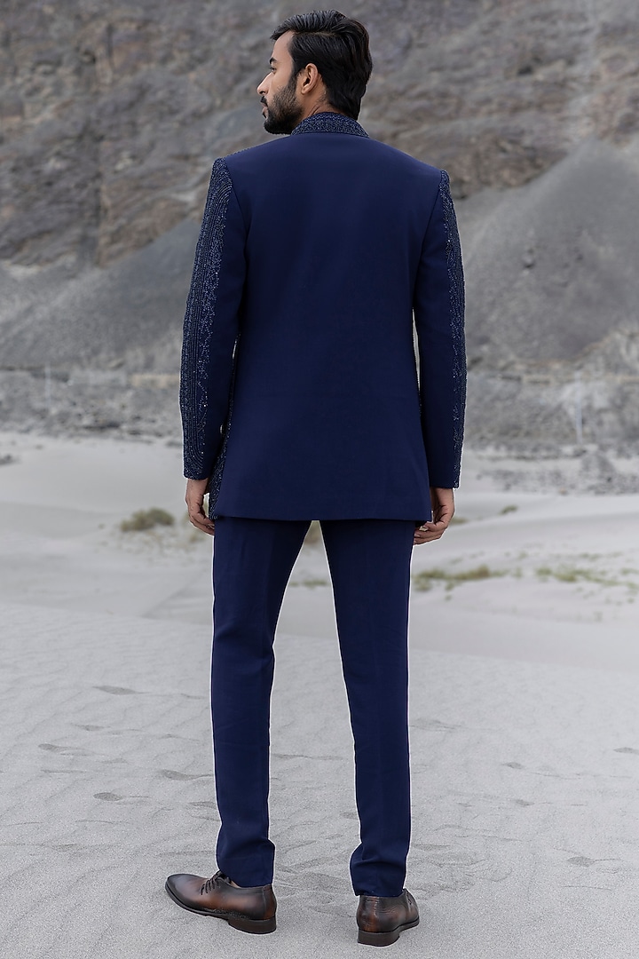 Midnight Blue Poly Knit Embroidered Front-Open Wedding Indowestern Set by AMIT ARORA at Pernia's Pop Up Shop
