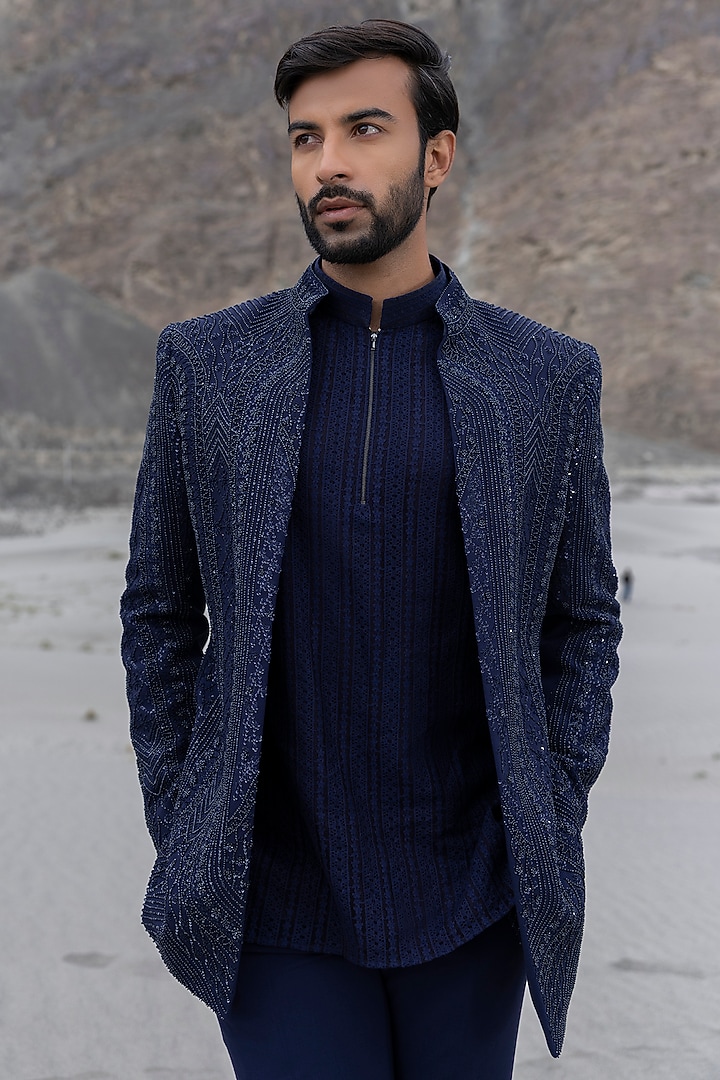 Midnight Blue Poly Knit Embroidered Front-Open Wedding Indowestern Set by AMIT ARORA at Pernia's Pop Up Shop