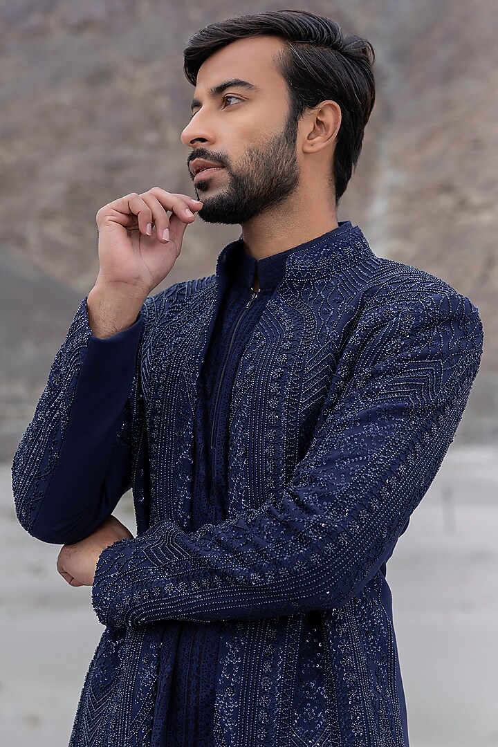 Midnight Blue Poly Knit Embroidered Front-Open Wedding Indowestern Set by AMIT ARORA at Pernia's Pop Up Shop