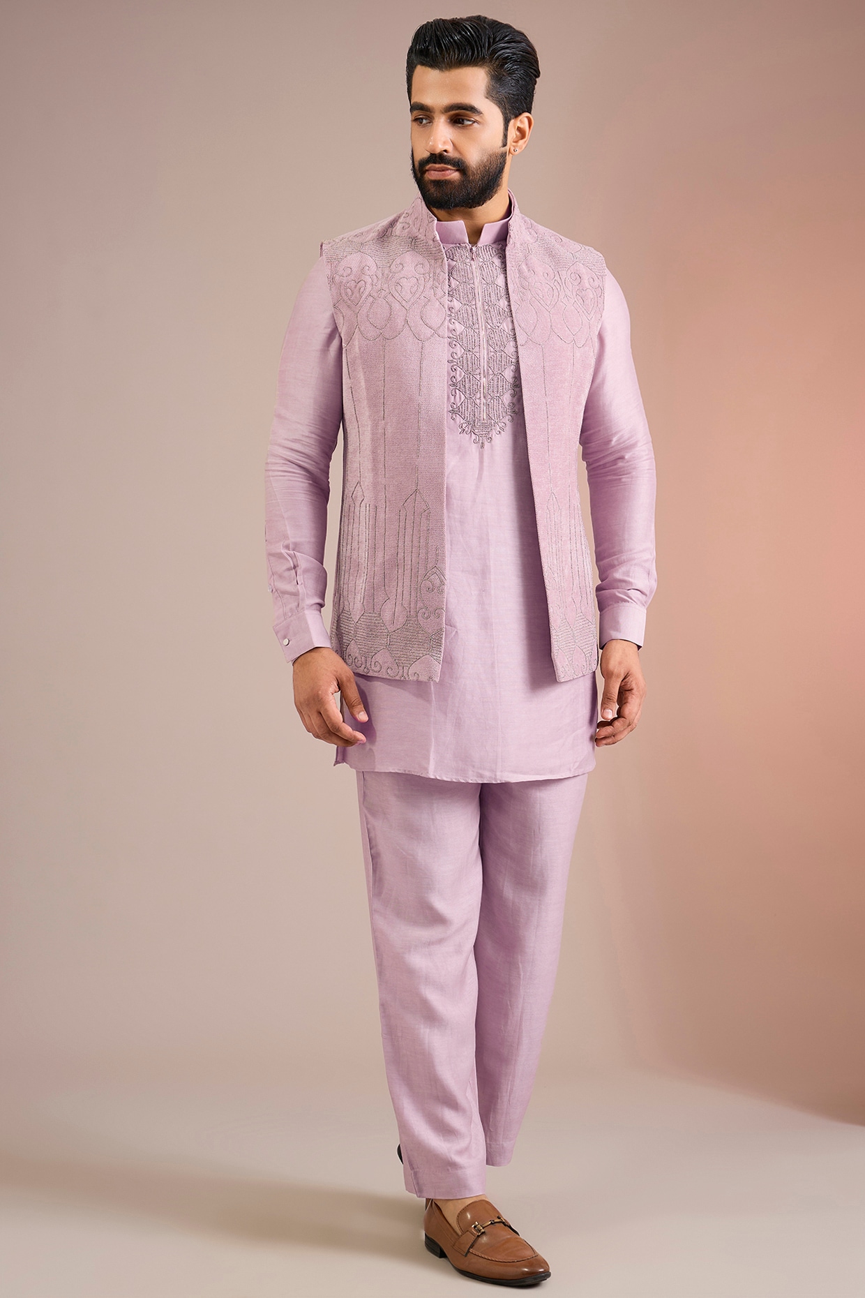 AMIT ARORA Pink Silk Bundi Jacket Set