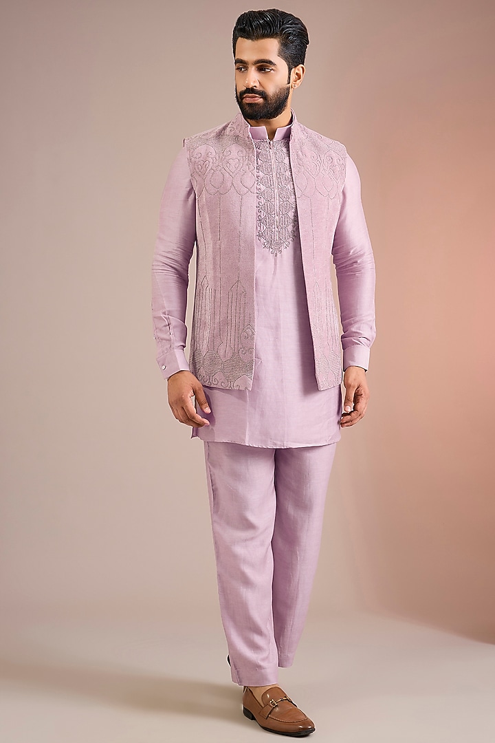 Pink Silk Bundi Jacket Set by AMIT ARORA at Pernia's Pop Up Shop