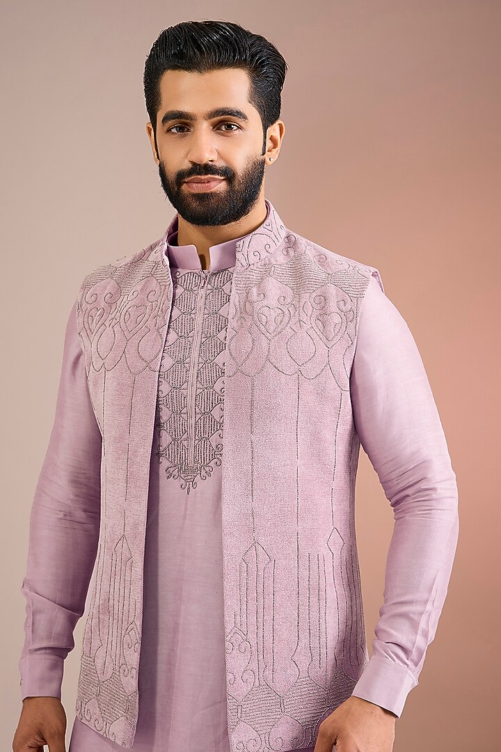 Pink Silk Bundi Jacket Set by AMIT ARORA at Pernia's Pop Up Shop