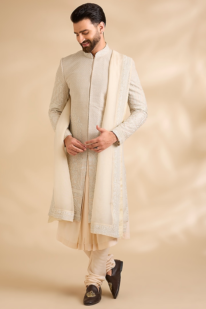Light Peach Silk Groom Sherwani Set by AMIT ARORA at Pernia's Pop Up Shop